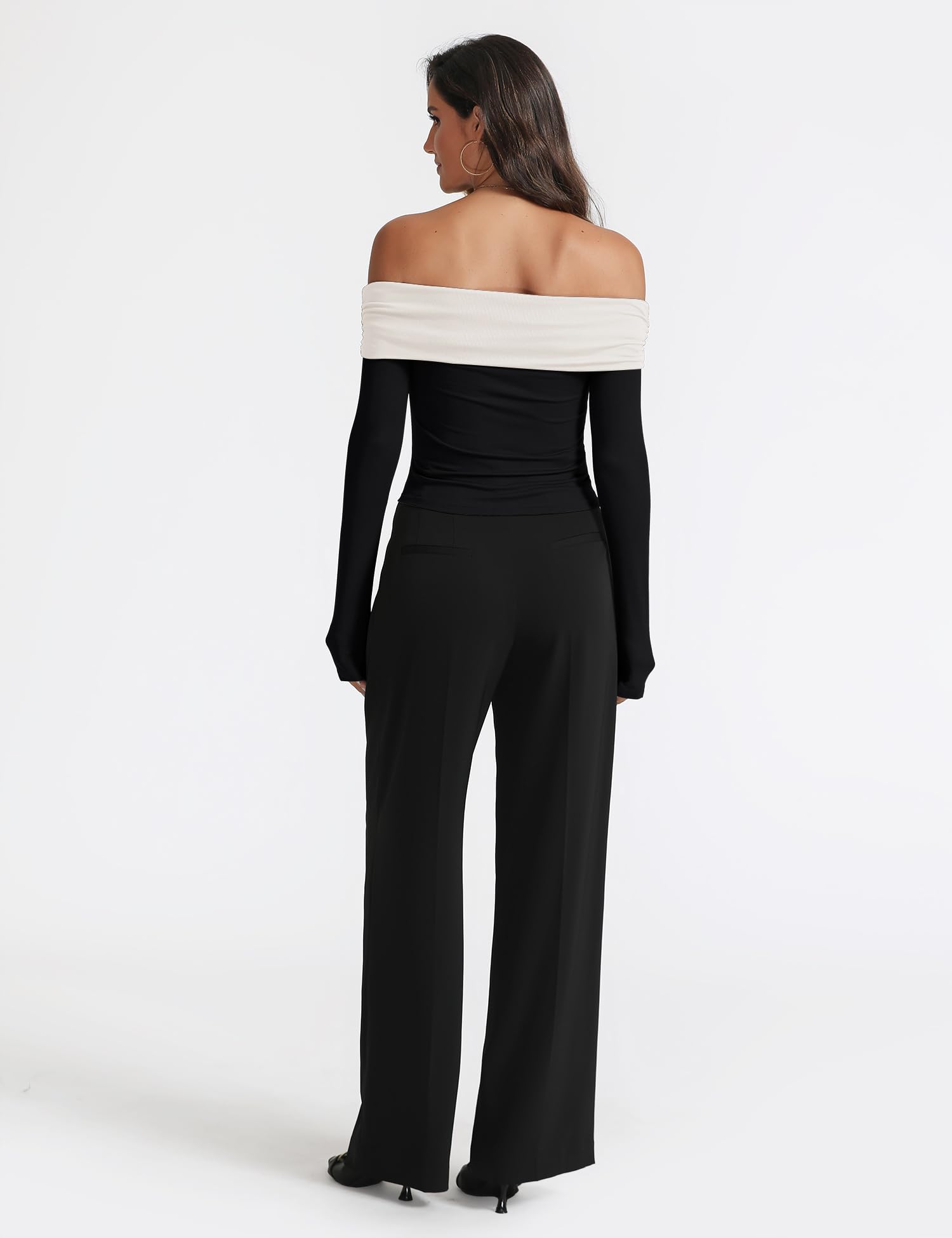 Prettywear Women's Sexy Off Shoulder Tops Dressy Long Sleeves Going Out Nightout Shirt 2025 Fall Clothes(Black_WhitePattern,S)