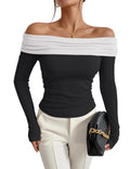 Prettywear Women's Sexy Off Shoulder Tops Dressy Long Sleeves Going Out Nightout Shirt 2025 Fall Clothes(Black_WhitePattern,S)