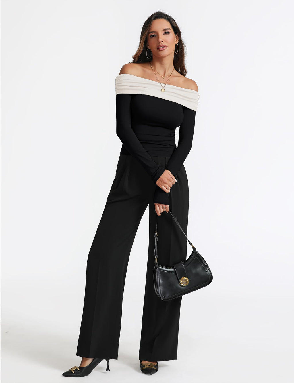 Prettywear Women's Sexy Off Shoulder Tops Dressy Long Sleeves Going Out Nightout Shirt 2025 Fall Clothes(Black_WhitePattern,S)