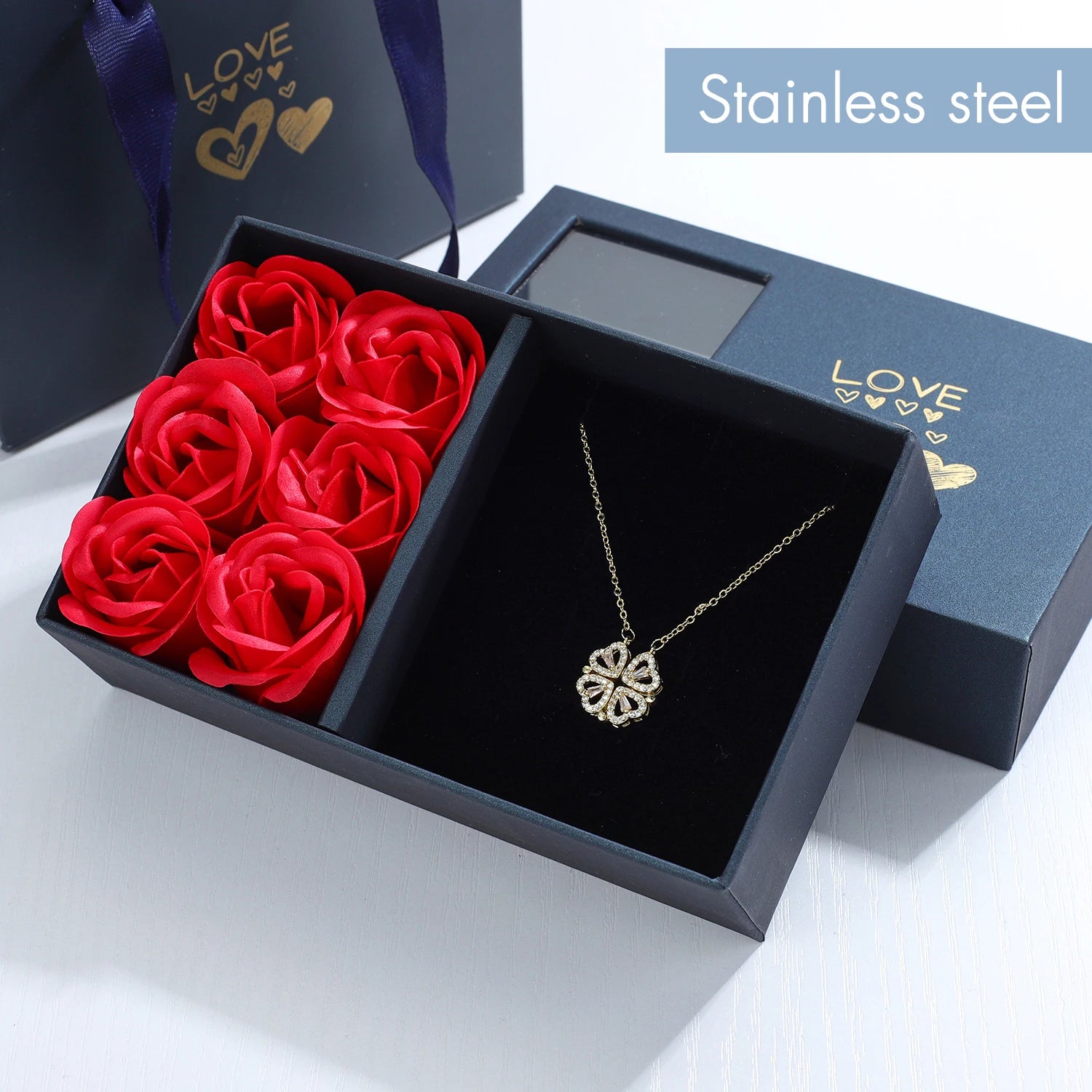 Four Leaf Clover Heart Necklace Gift Box