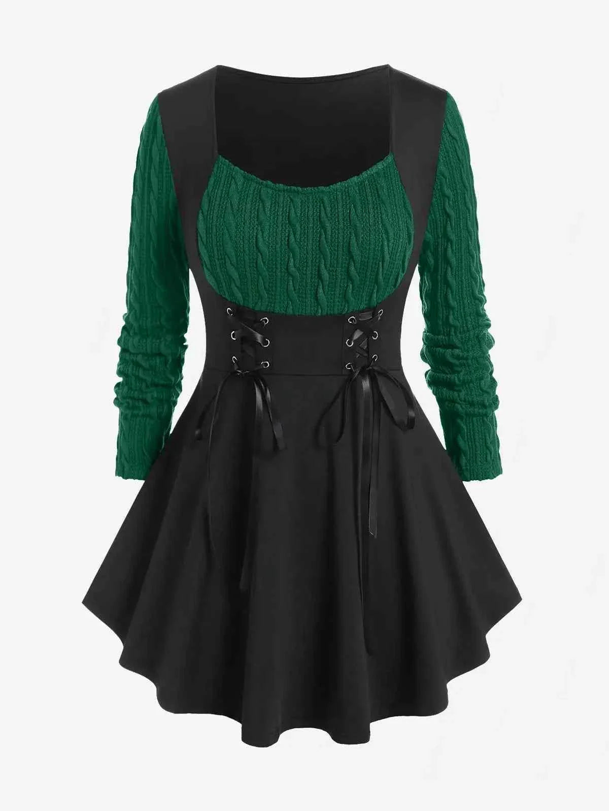 ROSEGAL-Plus Size Corset T-Shirt for Women, Cable Knit Panel, Mixed Media, Lace Up Blouses, Women's Tees, 4XL, Fall Clothes