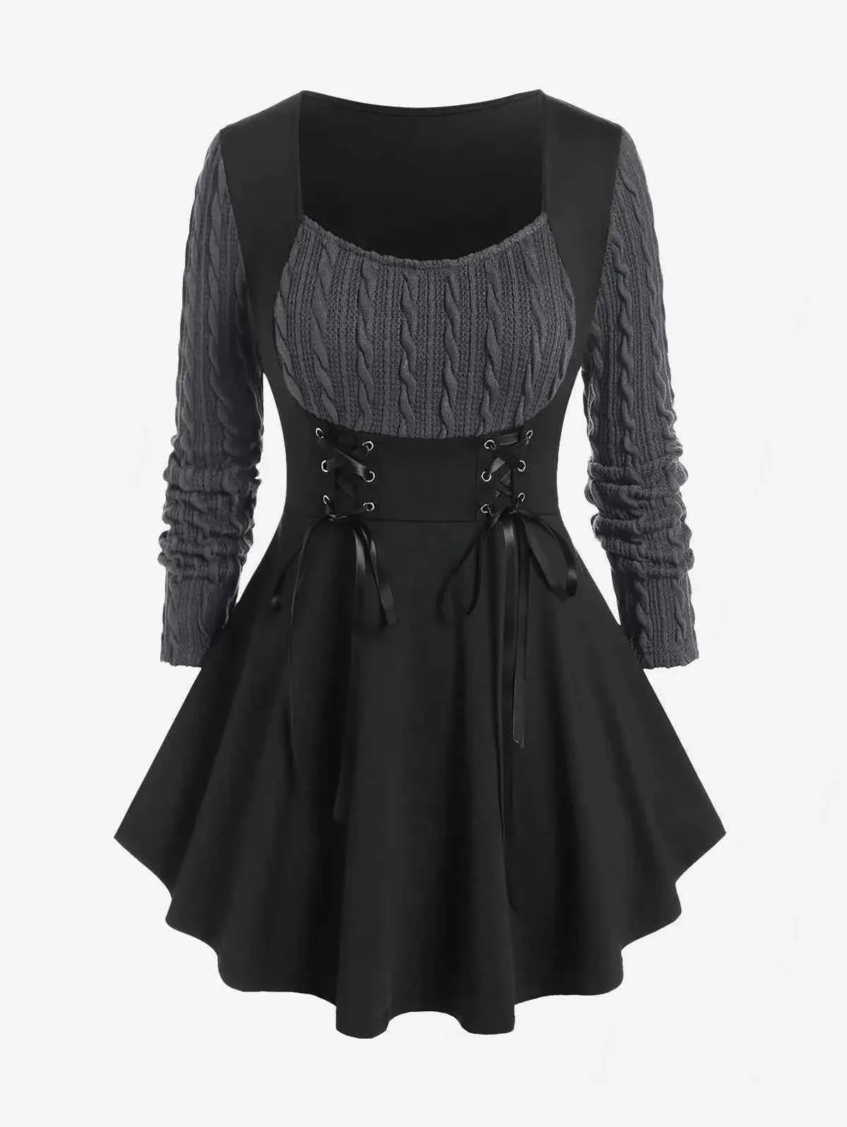 ROSEGAL-Plus Size Corset T-Shirt for Women, Cable Knit Panel, Mixed Media, Lace Up Blouses, Women's Tees, 4XL, Fall Clothes