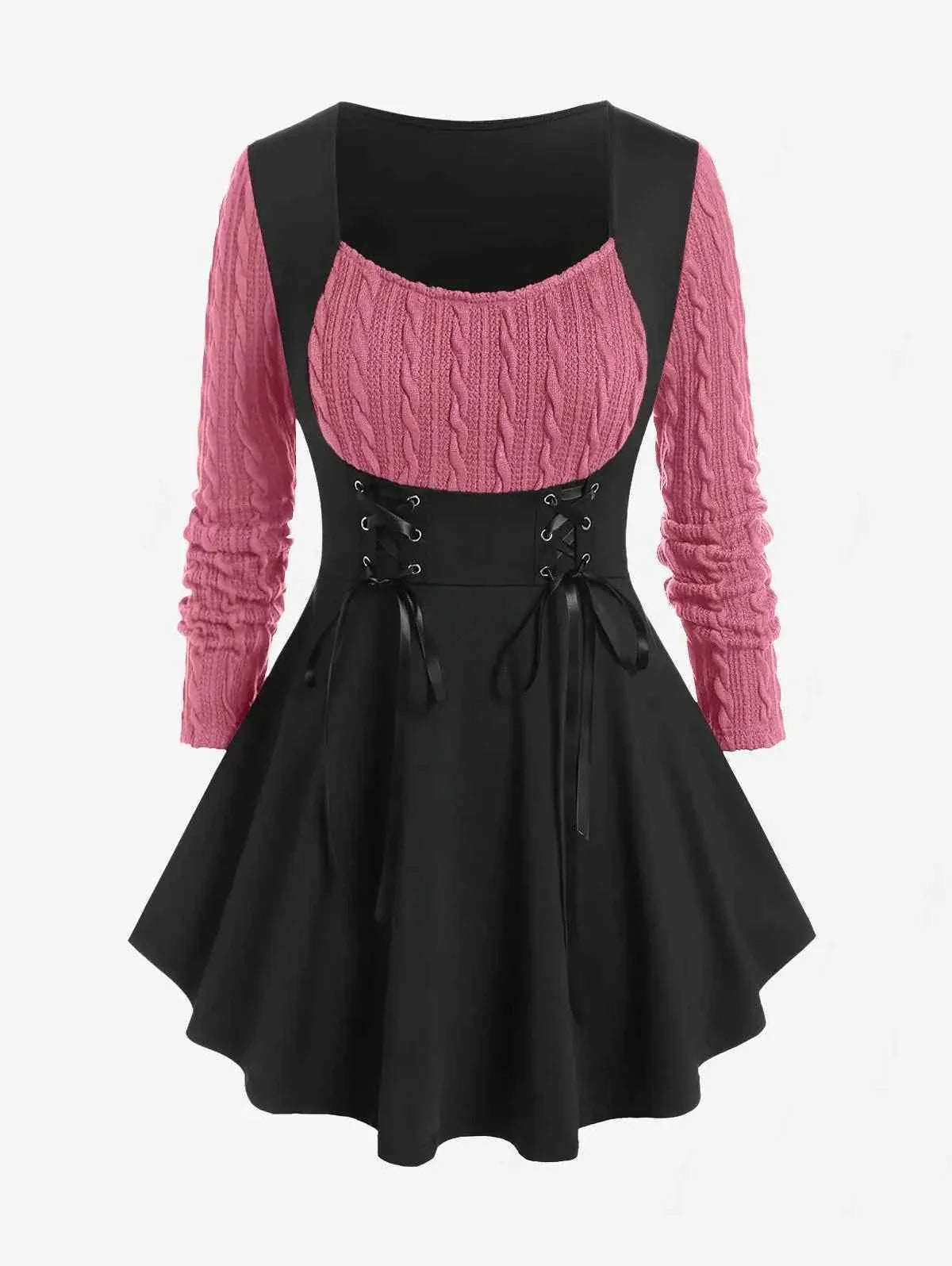 ROSEGAL-Plus Size Corset T-Shirt for Women, Cable Knit Panel, Mixed Media, Lace Up Blouses, Women's Tees, 4XL, Fall Clothes