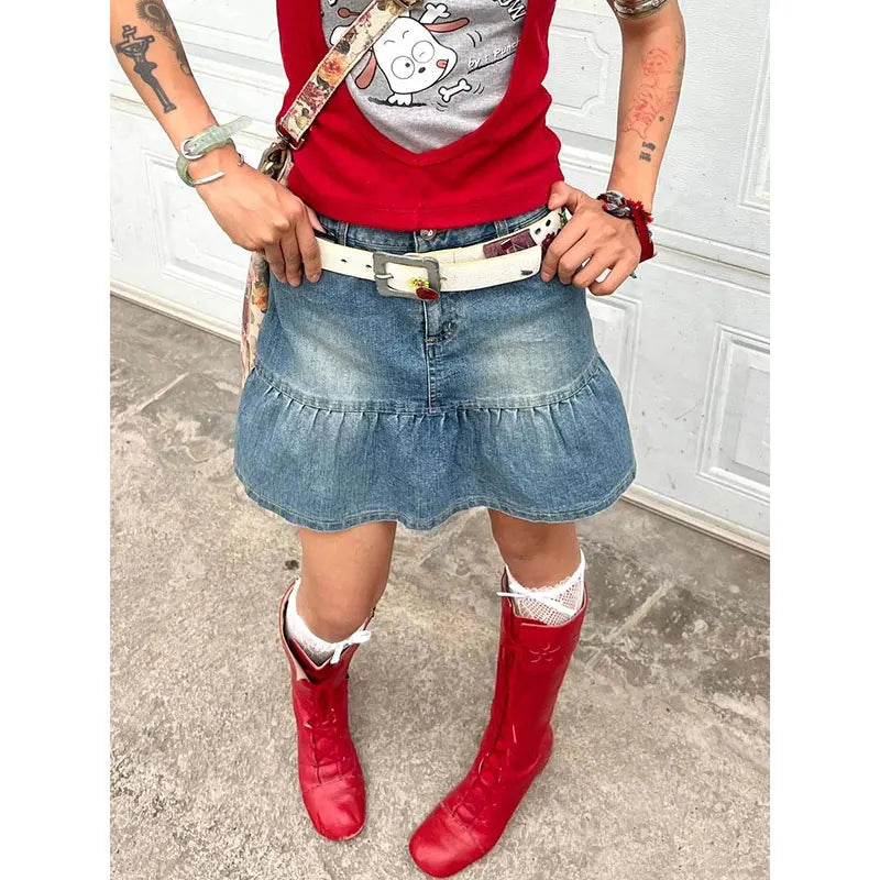 KYLETHOMASW  -  Women's Blue A-line Denim Pleated Skirt Vintage 90s Aesthetic Y2k Jean Skirt Harajuku Korean Cowboy Skirts 2000s Clothes Summer