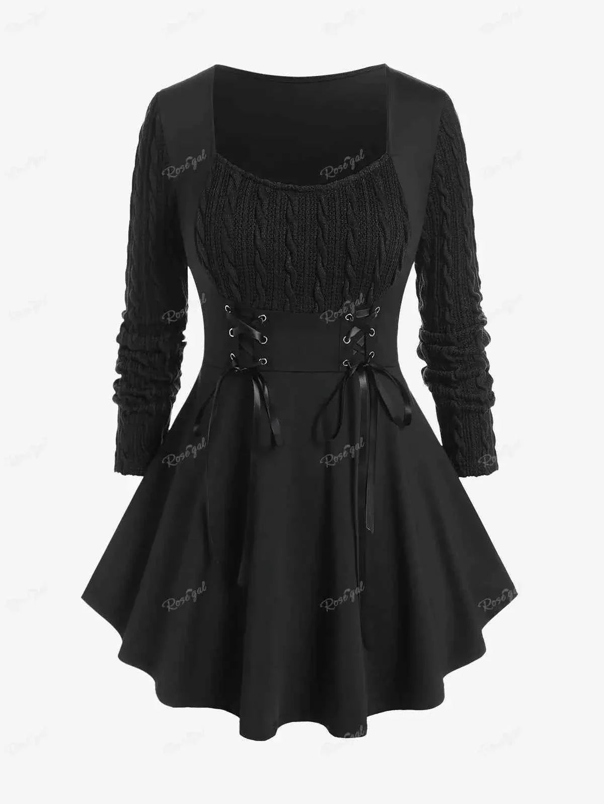 ROSEGAL-Plus Size Corset T-Shirt for Women, Cable Knit Panel, Mixed Media, Lace Up Blouses, Women's Tees, 4XL, Fall Clothes