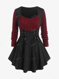 ROSEGAL-Plus Size Corset T-Shirt for Women, Cable Knit Panel, Mixed Media, Lace Up Blouses, Women's Tees, 4XL, Fall Clothes