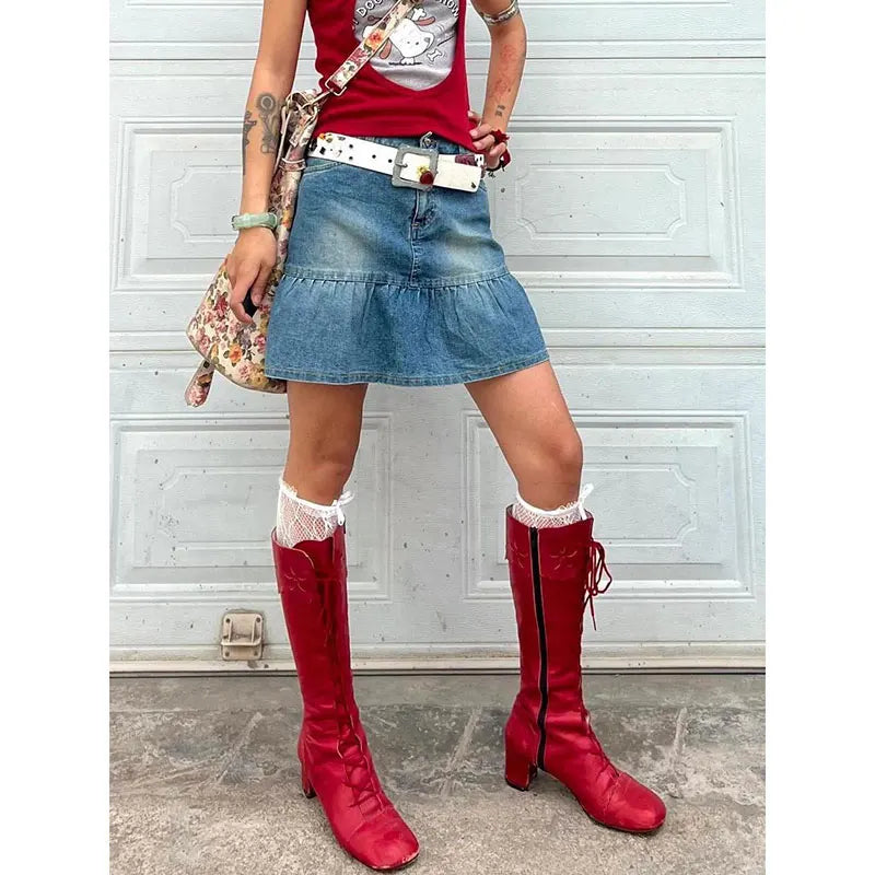 KYLETHOMASW  -  Women's Blue A-line Denim Pleated Skirt Vintage 90s Aesthetic Y2k Jean Skirt Harajuku Korean Cowboy Skirts 2000s Clothes Summer