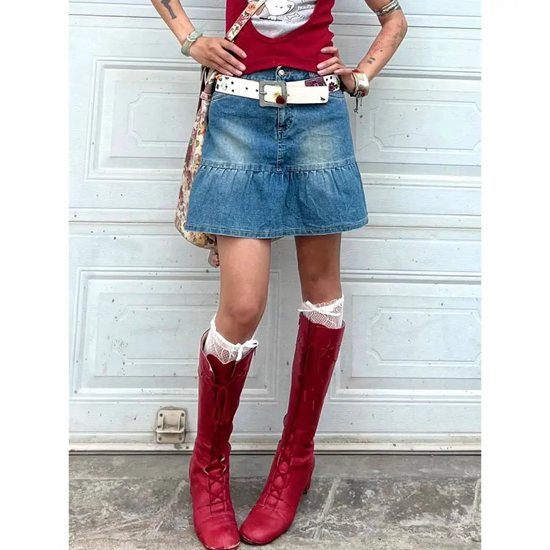 KYLETHOMASW  -  Women's Blue A-line Denim Pleated Skirt Vintage 90s Aesthetic Y2k Jean Skirt Harajuku Korean Cowboy Skirts 2000s Clothes Summer